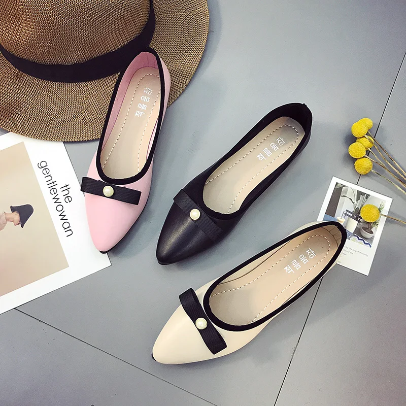 Unique Bout Chaussures Automne Asakuchi noir Glissement Cuir rose forme Appartements En Printemps Sur Pointu Plate Perle 2018 Mocassins Beige Femmes Plates O6q4t5xw