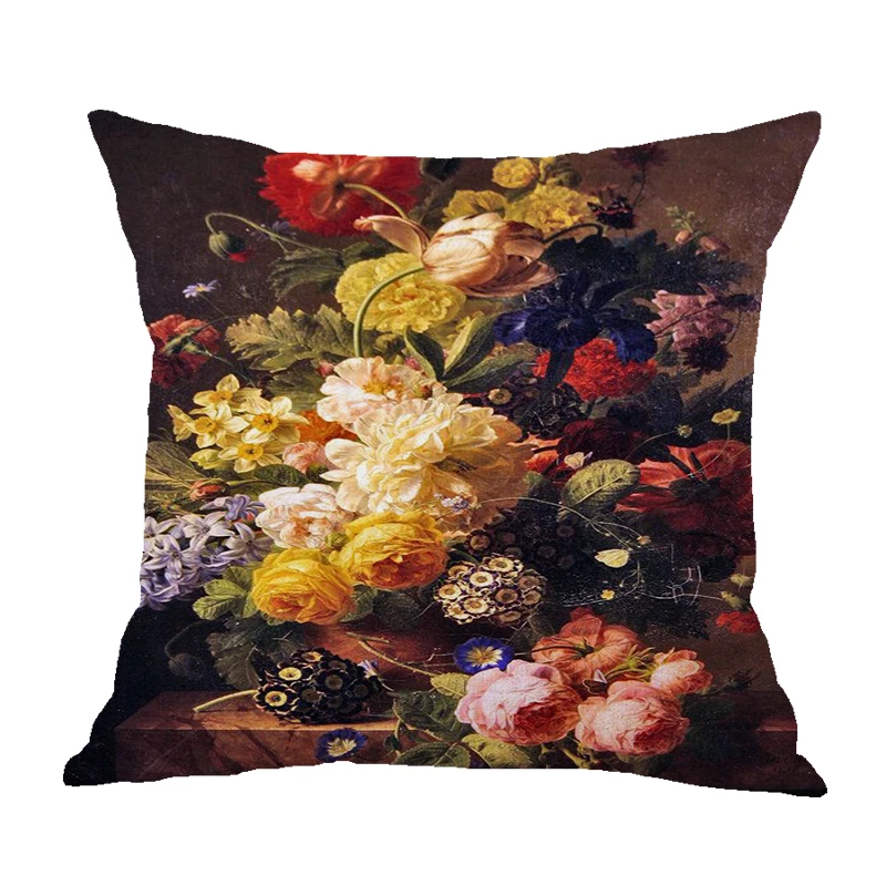 Vintage Style Oil Painting Flowers Cushion Covers European Retro Flowers Art Cushion Cover Beige Linen Pillow Case Free Shipping - Цвет: Синий