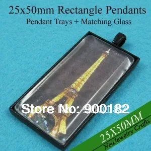 

25x50mm Black Rectangle Pendant Settings, Blank Pendant Tray + Matching Glass for DIY Photo Pendant Making