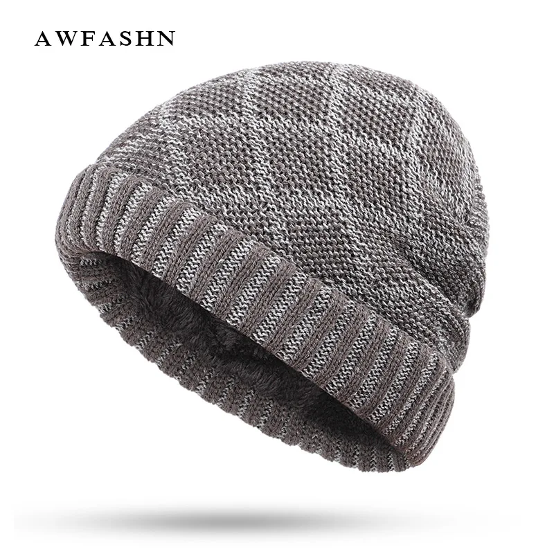 

New Fashion Plaid Striped Knit Beanies Hat High Quality Plus Velvet Thicken Winter Men's Hat Warm Leisure Soft Cap Skullies Male