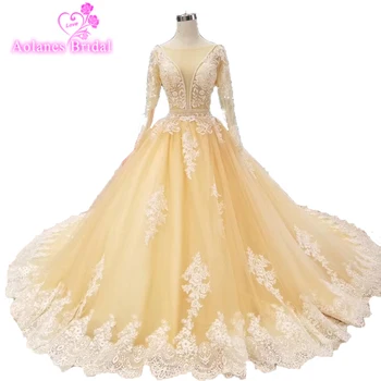 

2019 New Ball Gown Wedding Dresses Full Lace Appliques Champagne Chapel Train Pearls Bridal Gowns Nature White Vestido De Noiva