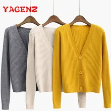 YAGENZ, весеннее и осеннее пальто, Женский вязаный свитер, короткие пальто, длинный рукав, v-образный вырез, кардиган с резьбой, женский свитер, Топ