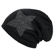 Унисекс Мужчины Женщины Классический Звезда Стразы Slouch Beanie Шапочка из хлопка черный