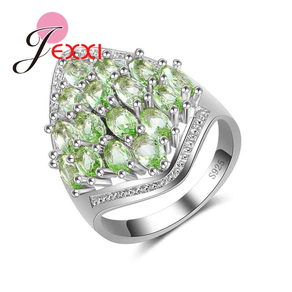 

JEXXI High Quality Green Finger Rings Paved Oval Crystal 925 Sterling Silver for Women Girls Engagement & Wedding Jewelry
