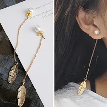 EK287 European Fashion boucle d’oreille Leaf Feather Simulated Pearls Long Tassel Stud Earrings For Women Lady Jewelry Brincos