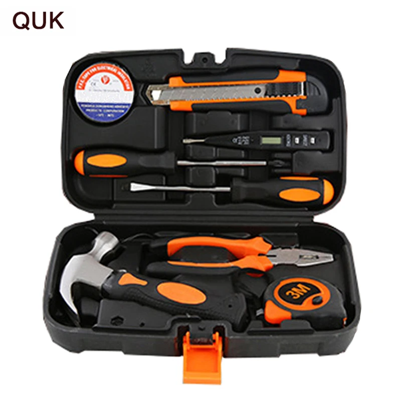 

QUK 9-Piece Hand Tool Set Electrician Home Hand Plastic Storage Case Repair Simple Hardware Combination Manual Toolbox Tools Kit