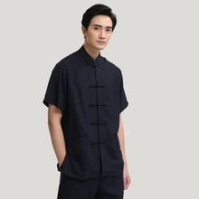 Новая летняя рубашка в традиционном китайском стиле, однотонное хлопковое белье с воротником-стойкой, рубашка Кунг-фу, Топ M, L, XL, XXL, 3XL, WNS0825