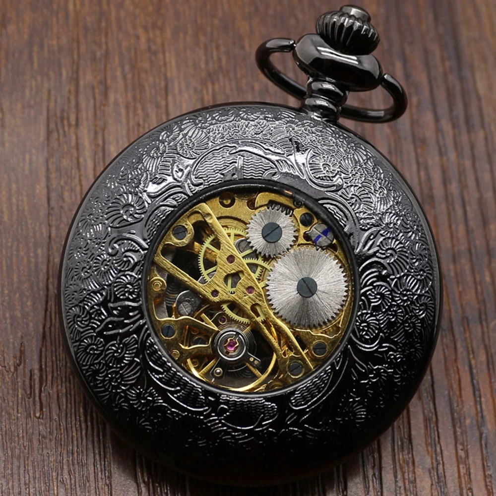 Luxury Hollow Caving Pocket Watch Set Vintage Black Full Hunter Design Mechanical Clock Necklace Pendant Clock Gift Bag Box (4)