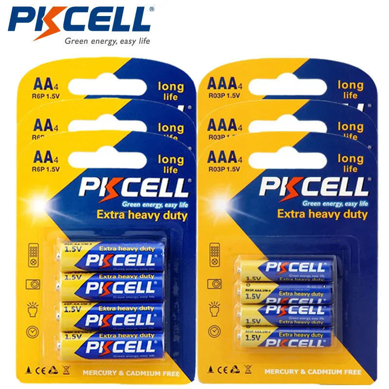 

3card/12Pcs PKCELL 1.5V AA R6P UM3 2A Battery+3card/12Pcs Super Heavy Duty AAA R03P UM4 3A Batteries