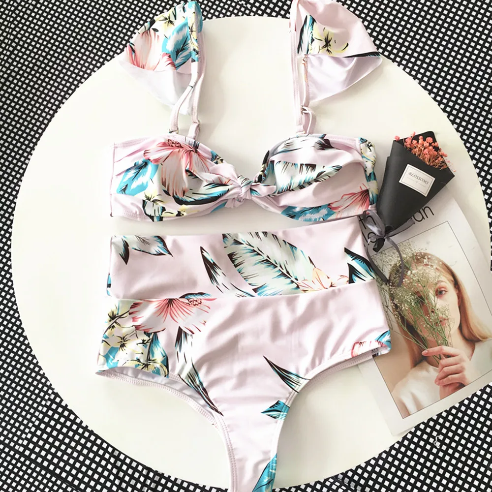 Sexy Retro Lovely Floral/Dot Front Bow Knot Tie Biquini Removable Sleeve Bathing Suit High Waist Swimsuit Swimwear Women Bikini