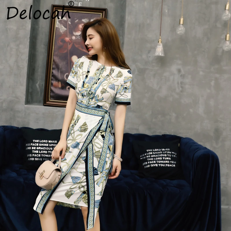 Delocah 2019 Women Spring Summer Dress Runway Fashion Designer Short Sleeve Bow Tie  Asymmetrical Elegant Vintage Vacation Dress