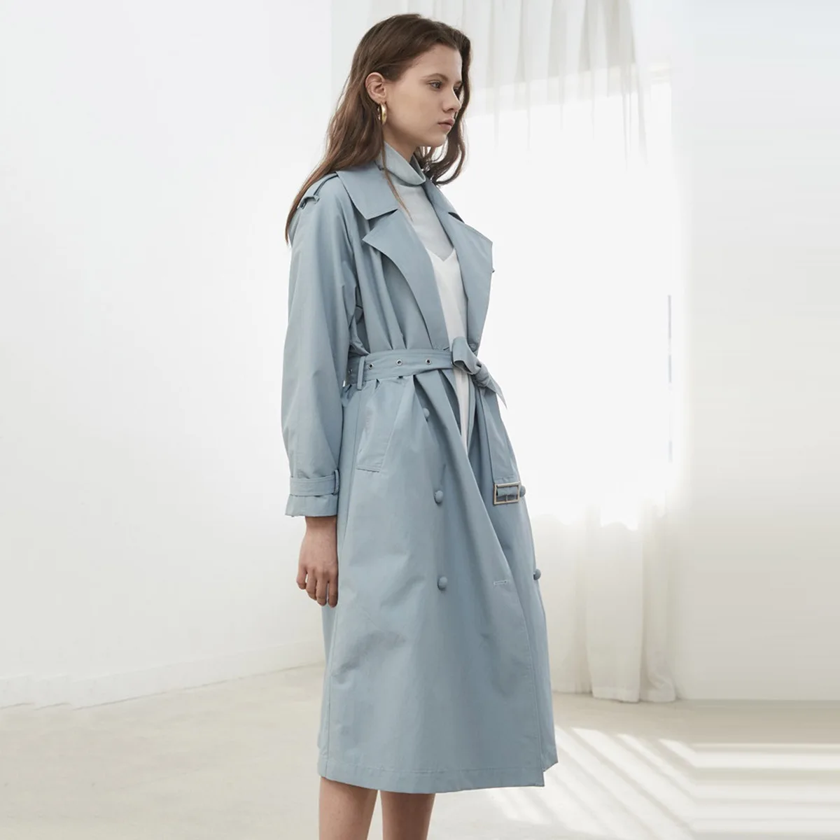 Fashion Commuter Breeze Double Buckle Flip Collar Haze Blue Waist Tie Jie Taste Medium Long Windbreaker 2019 Long Coat Women