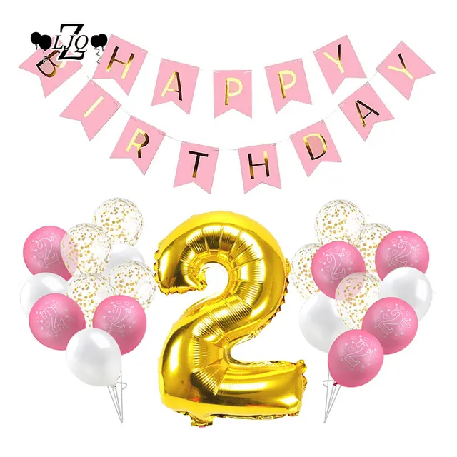 ZLJQ 32p 2nd Birthday Girl Decoration Kit Party Balloons Pink Happy Birthday Banner Golden Foil Balloon