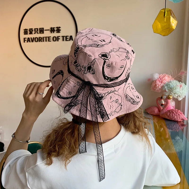 Nuovo delle donne del cappello di primavera e di estate della protezione solare esterna cappello pescatore di arte femminile visiera selvaggio doppia faccia indossare graffiti della protezione Della Benna cappello