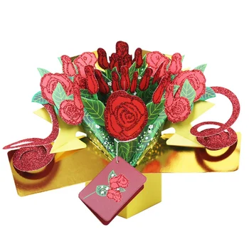 

3D Pop UP Greeting Cards Fantastic Flower Handmade Gift Nature Love with Bunch of Roses Happy Birthday With Flower New Year