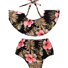 США, комплект из 2 предметов, летние топы с цветочным принтом для новорожденных девочек, одежда с воротником «халтер», короткие штаны, комплект одежды с шортами