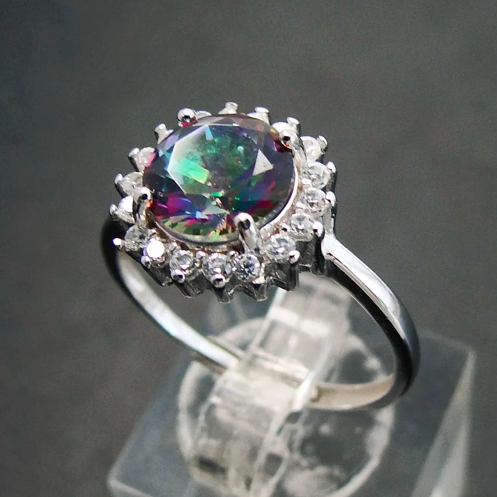 925 Sterling Silver Rainbow Mystic Topaz Gemstone Rings 8X8MM Round Trendy Engagement Wedding Ring Fine Jewelry for Women