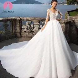 Trouwjurk сексуальное ТРАПЕЦИЕВИДНОЕ кружевное свадебное платье с длинными рукавами 2019 Бохо атласное платье невесты открытая шея Аппликация