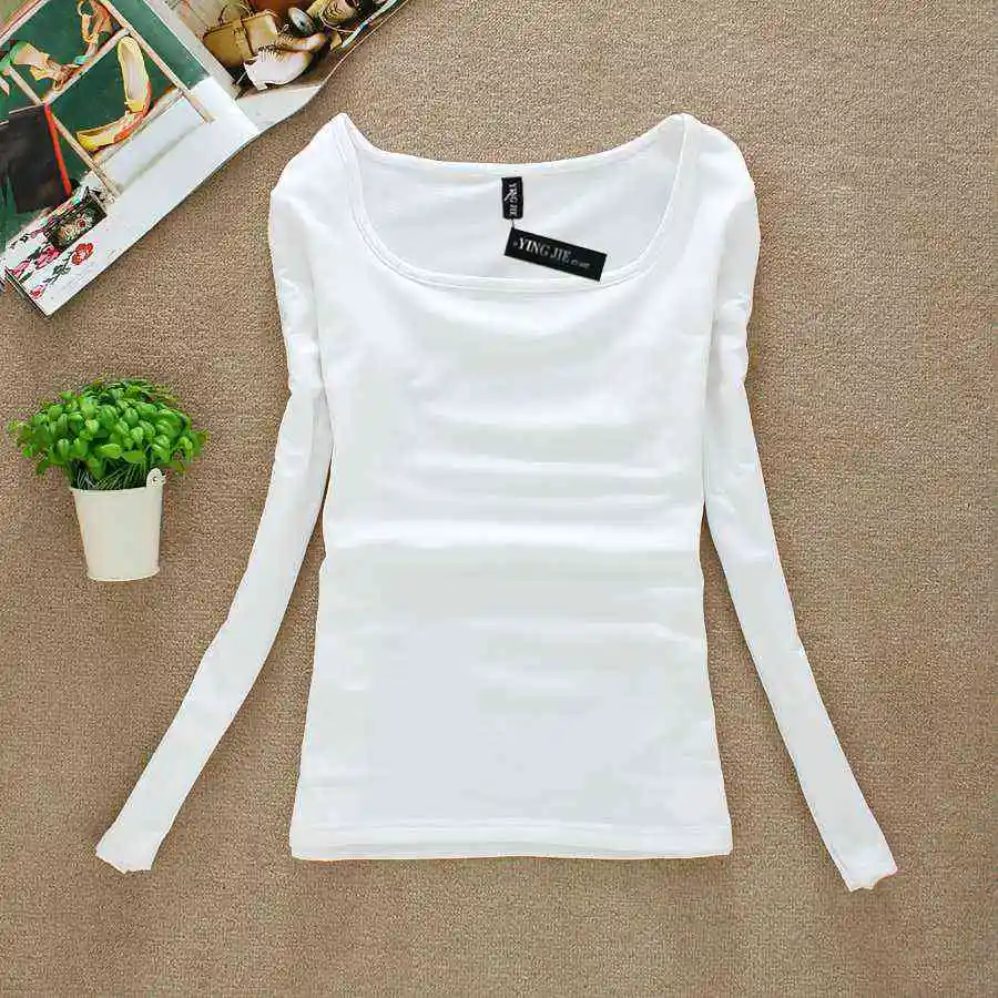

New 2018 winter T Shirt Women Long Sleeve spring Tops & tees square collar basic T-shirt casual candy color white good stretch