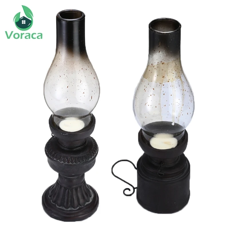 

Retro Nostalgic Kerosene Lamp Candle Holder Glass Cover Lantern Resin Crafts Kerosene Lamp Retro Candlestick Bar Party Home Deco