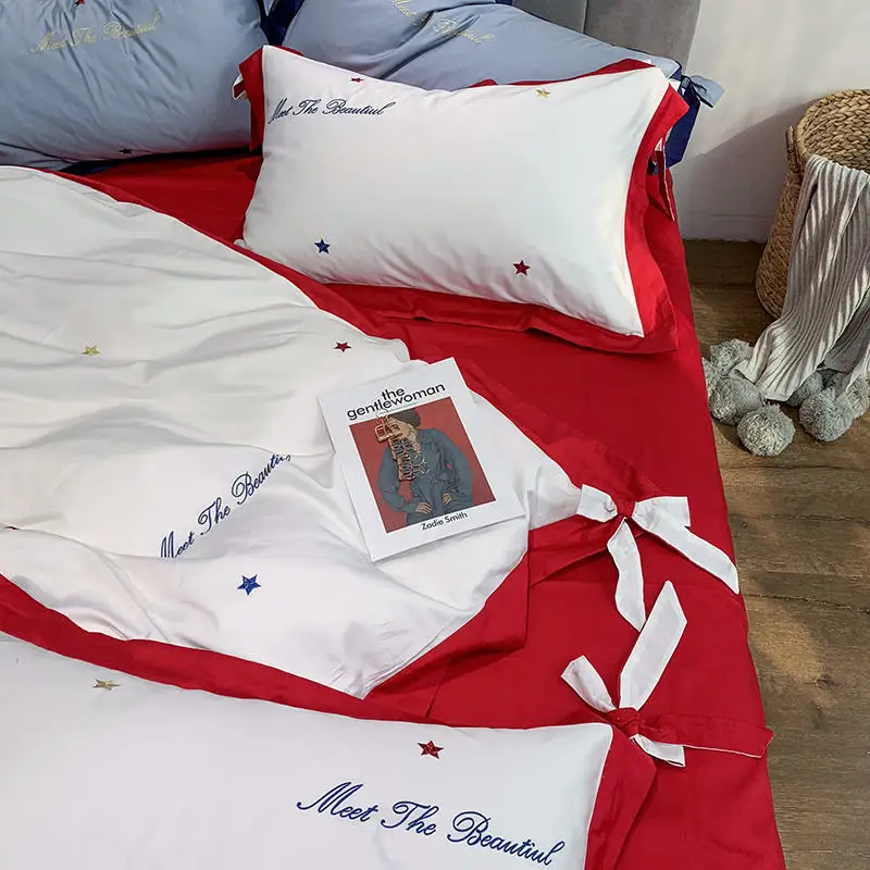 Синий желтый из египетского хлопка King size комплект двуспального постельного белья Звезда вышивка пододеяльник простыня с покрывалом на
