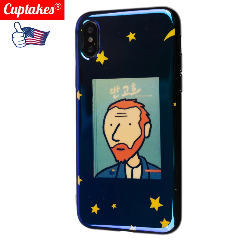 

Cuptakes Luxury Soft Silicone Case for iPhone X 6 6S Plus 8 10 7 Cover Blue Ray Cute Girl Van Patterned Gogh Phone Cases Coque