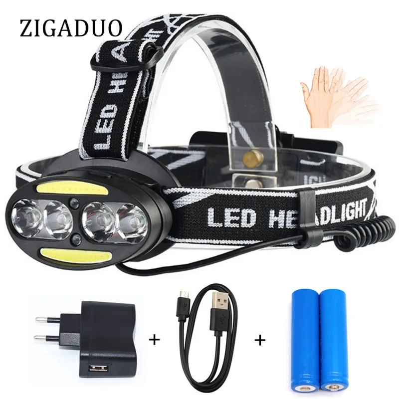 

High Power LED Headlamp 4* T6 +2*COB USB Rechargeable LED Head Lamp Flashlight 18650 Headlight for Fishing Cycling with Sensor