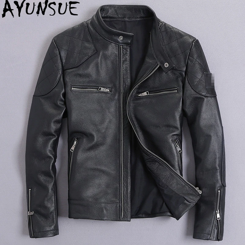 AYUNSUE натуральная кожаная куртка Мужская короткая мотоциклетная натуральная кожа осеннее пальто из воловьей кожи куртки размера плюс KJ2399
