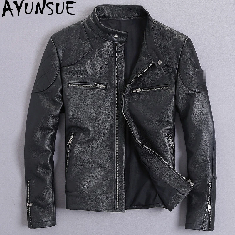 

AYUNSUE 2019 Real Leather Jacket Men Short Motorcycle Genuine Leather Autumn Coat Cowhide Leather Jackets Plus Size KJ2399