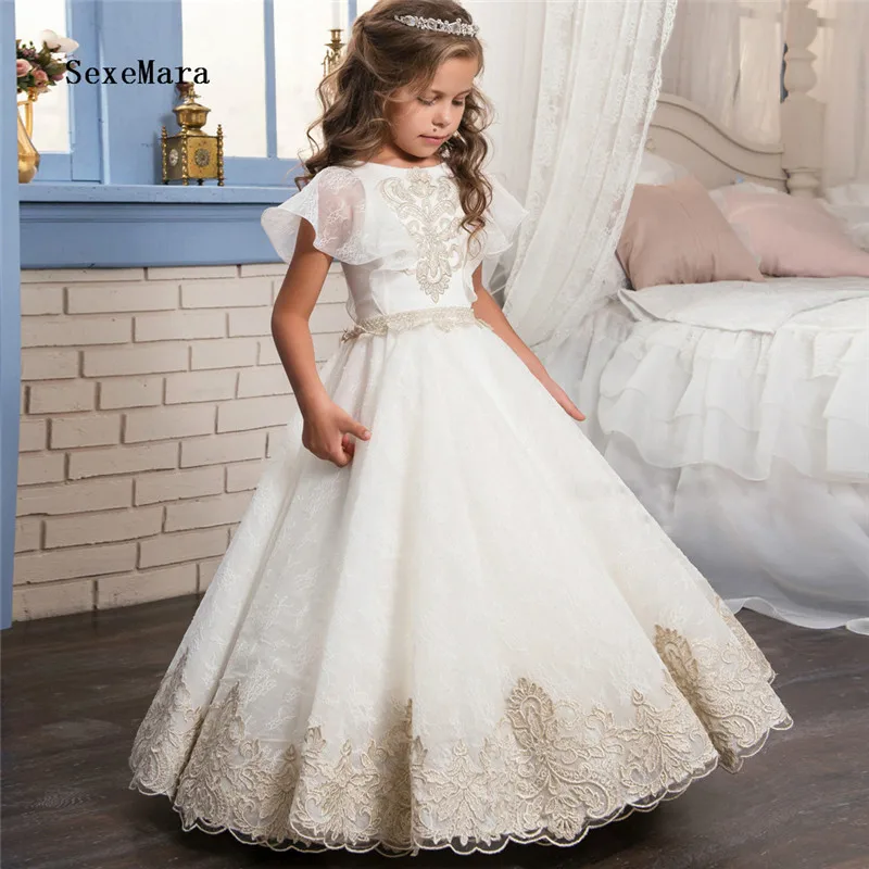 Real Picture Champagne Lace Puffy Flower Girls Dress for Wedding O Neck Tulle Girls Pageant Dress Birthday GownCustomMadeSizelx