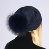 Geebro Women's Rhinestones Slouchy Beanie Hat with Pompom Hat for Women Plain Color Beanies Hats Female Raccoon Fur Pompon Skull 2