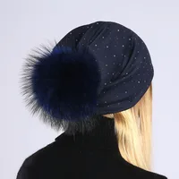 Geebro Women's Rhinestones Slouchy Beanie Hat with Pompom Hat for Women Plain Color Beanies Hats Female Raccoon Fur Pompon Skull 2