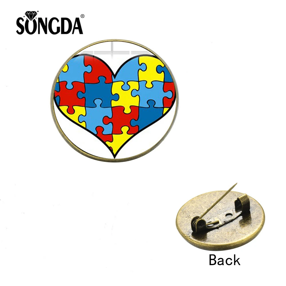 

SONGDA Heart-shaped Design Bunte Puzzle Brooch Autism Awareness Unique Colorful Pattern Glass Round Trendy Decorative Pin Badge