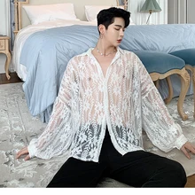 Для мужчин вечерние платье черный БЕЛЫЕ РУБАШКИ мужской Для женщин уличная одежда в стиле «хип-хоп», с длинным рукавом безразмерная свободные Винтаж модная кружевная блузка с прорезями