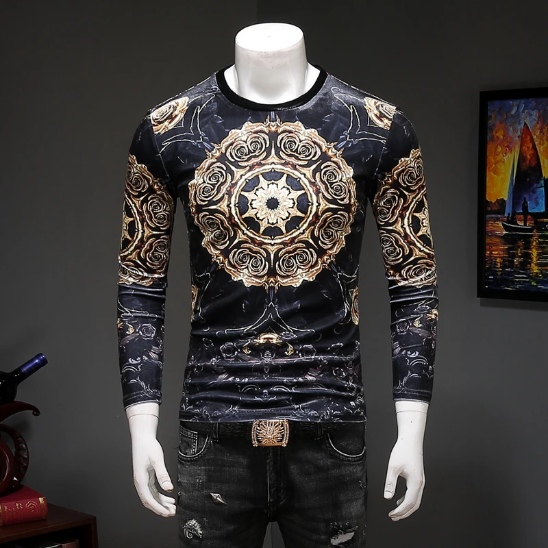 

European-style beauty pattern exquisite printing long sleeve t shirt Autumn 2018 New top quality velvet soft elastic t shirt men