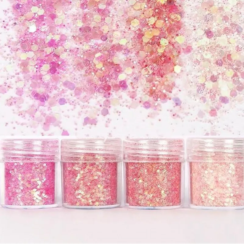 Set of 4 10ml Chunky Pink series Nail Glitter Powder Sequins Powder For Nail Art Decoration Gradient Set ultra-fine Glitter
