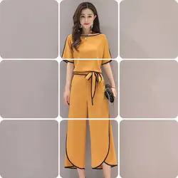 2018 2 из двух частей комплект Для женщин Корея цветочный женский Шифоновая Блузка Топы Брюки летние повседневные комплекты одежды одежда
