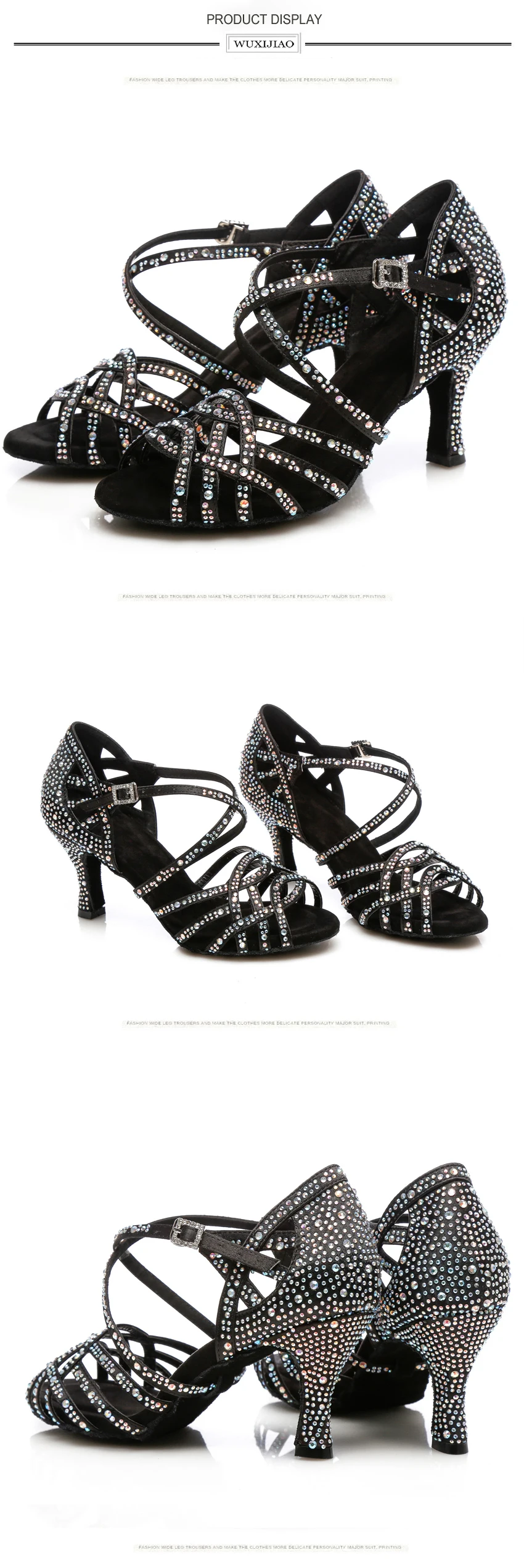 WUXIJIAO Для женщин сальса вечерние бальные туфли Латинская танцевальная обувь, большие и маленькие размеры Стразы блестящие сандалии кожи сатин кубинский каблук 9 см
