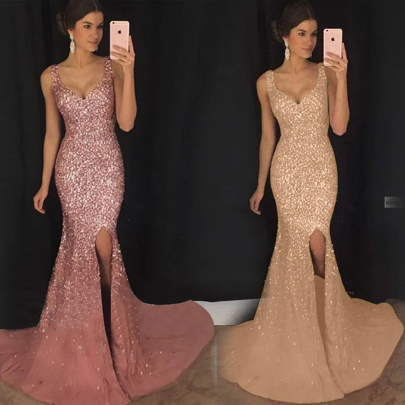 Summer Dress Women Sequin Prom Party Sexy Gold Evening Party High Waist V Neck Long Bodycon Split Dress For Female