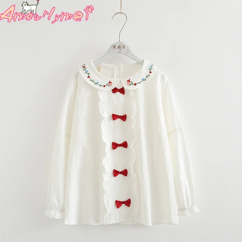 Японский стиль Mori Girl сладкий лук Цветочный Вышитая кукла воротник оборками хлопок белая рубашка осень 2018 г. Новый для женщин Блузка Топы