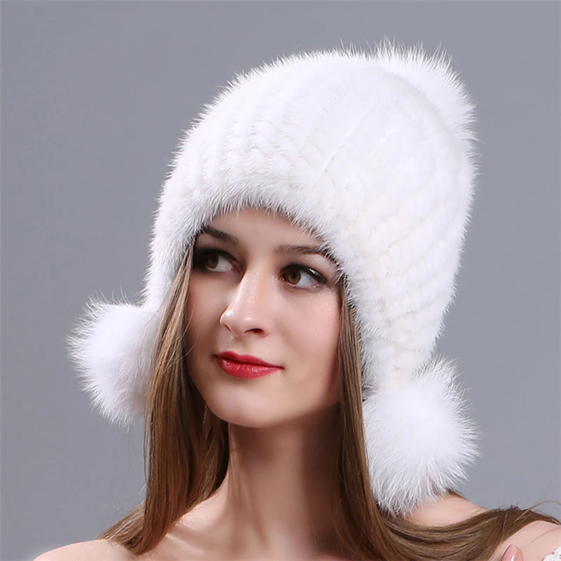 

Russian Woman Hat Winter Ski Cap Real Mink Making Three Fox Fur Ball Warm Protection Ear Recognition Female Hat Free Shipping