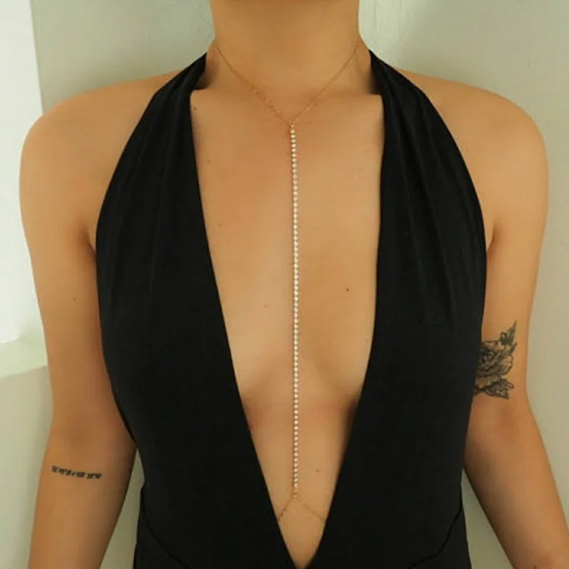 2017 New Hot Women s Sexy Shiny Rhinestone Body Chains Ladies Copper Alloy Chest Chain font