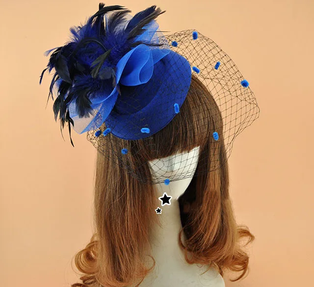 יין אדום כחול בציר ביצועי שלב כובע Fascinator שיער נוצת יוקרה כלה רעלה חתונה רעלה שחורה קליפ שיער בארה 'ב