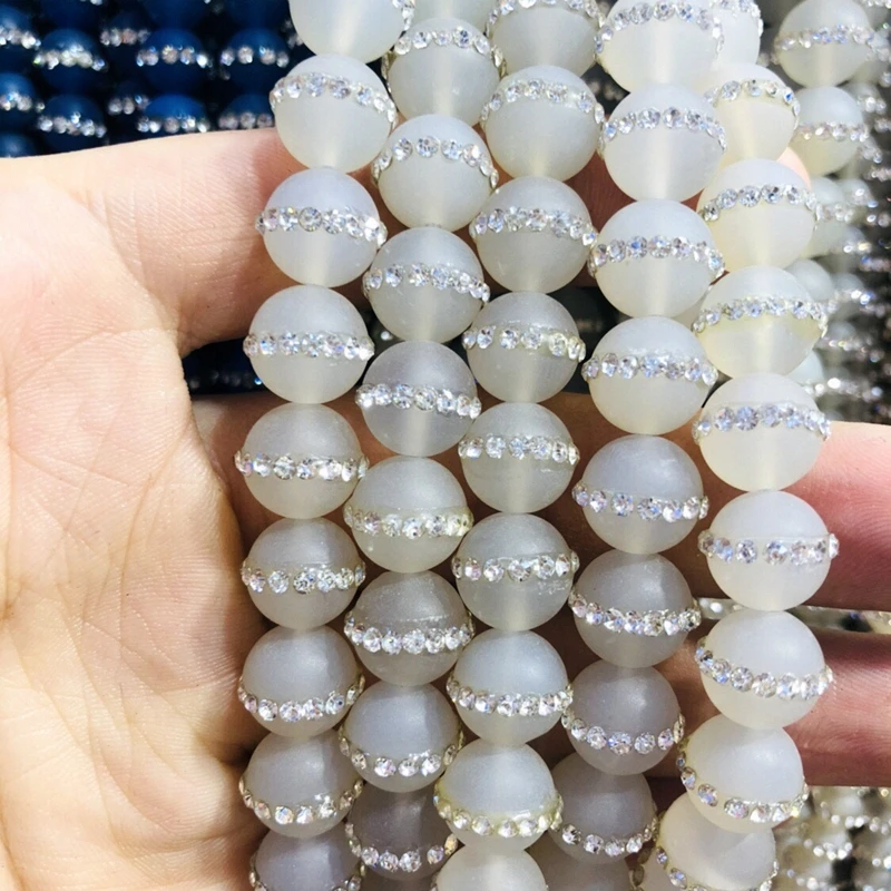 

Natural White Agate Bead With Water Crystal,8MM 10MM Round Gem Stone Loose Beads CZ Zircon Crystal Inlay,1string of 37 beads