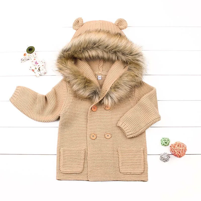 Зимние теплые для детей для маленьких мальчиков вязаный свитер, куртка с капюшоном, меховой воротник для Трикотажная Одежда для мальчиков кардиган внешняя одежда кофта DQ980 - Цвет: brown