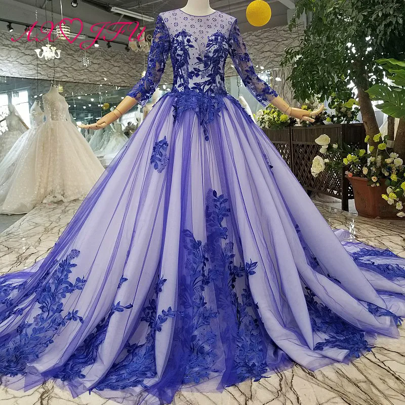 AXJFU luxury Korean princess blue beading evening Dress lace flower