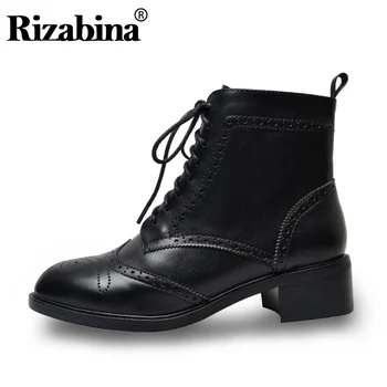 

RIZABINA Women Real Leather Simple Spring Autumn Knight Boots Zipper Round Toe Comfortable Outdoor Female Ankle Boots Size 33-40