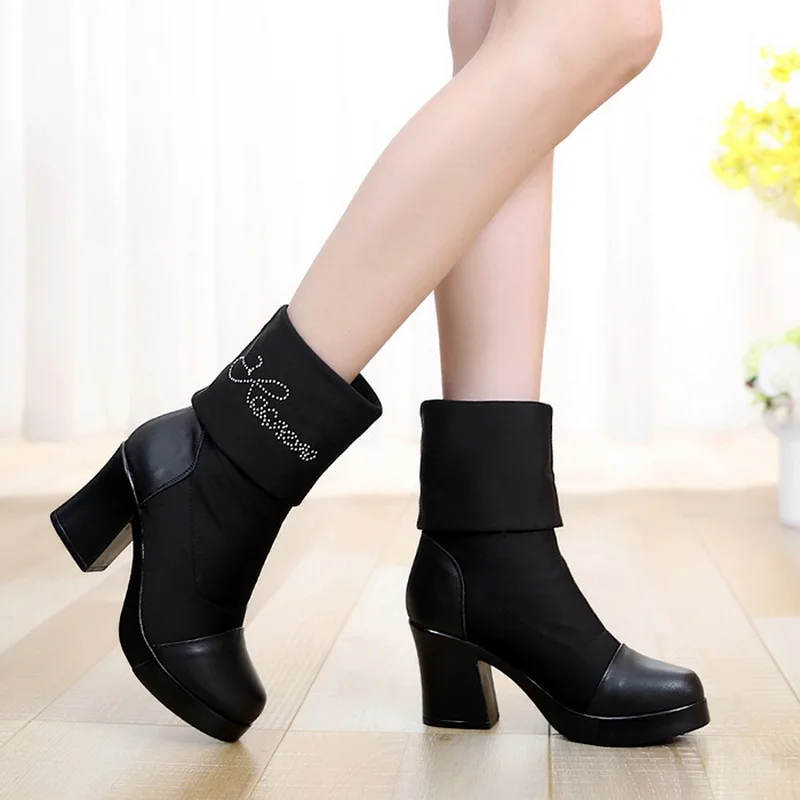 

8cm Block Heels Stretch Sock Boots Women's Autumn Shoes 2018 Mid Calf Genuine Leather Boots Women High Heel Platform Boots