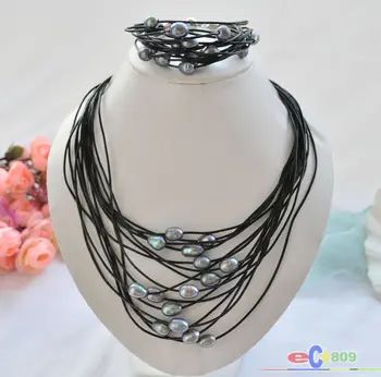 

wholesale 15row 13mm black rice pearl black leather necklace & bracelet