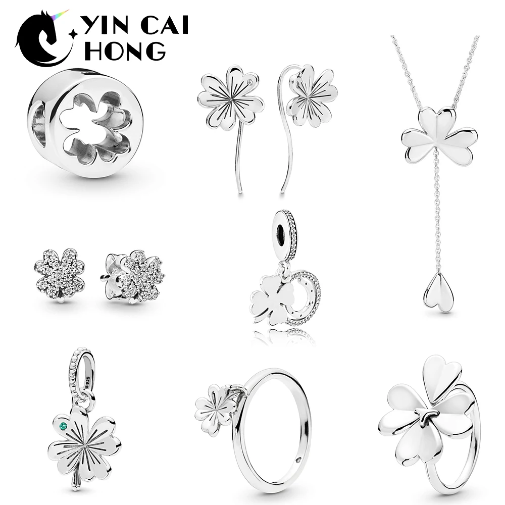

YCH 100% 925 Sterling Silver 2019 Spring Lucky Four-Leaf Clovers Ring Necklace HANGING CHARM Earrings Launched in Succession